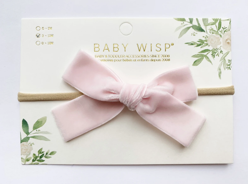 BABY WISP VELVET BOW HEADBANDS LIGHT PINK